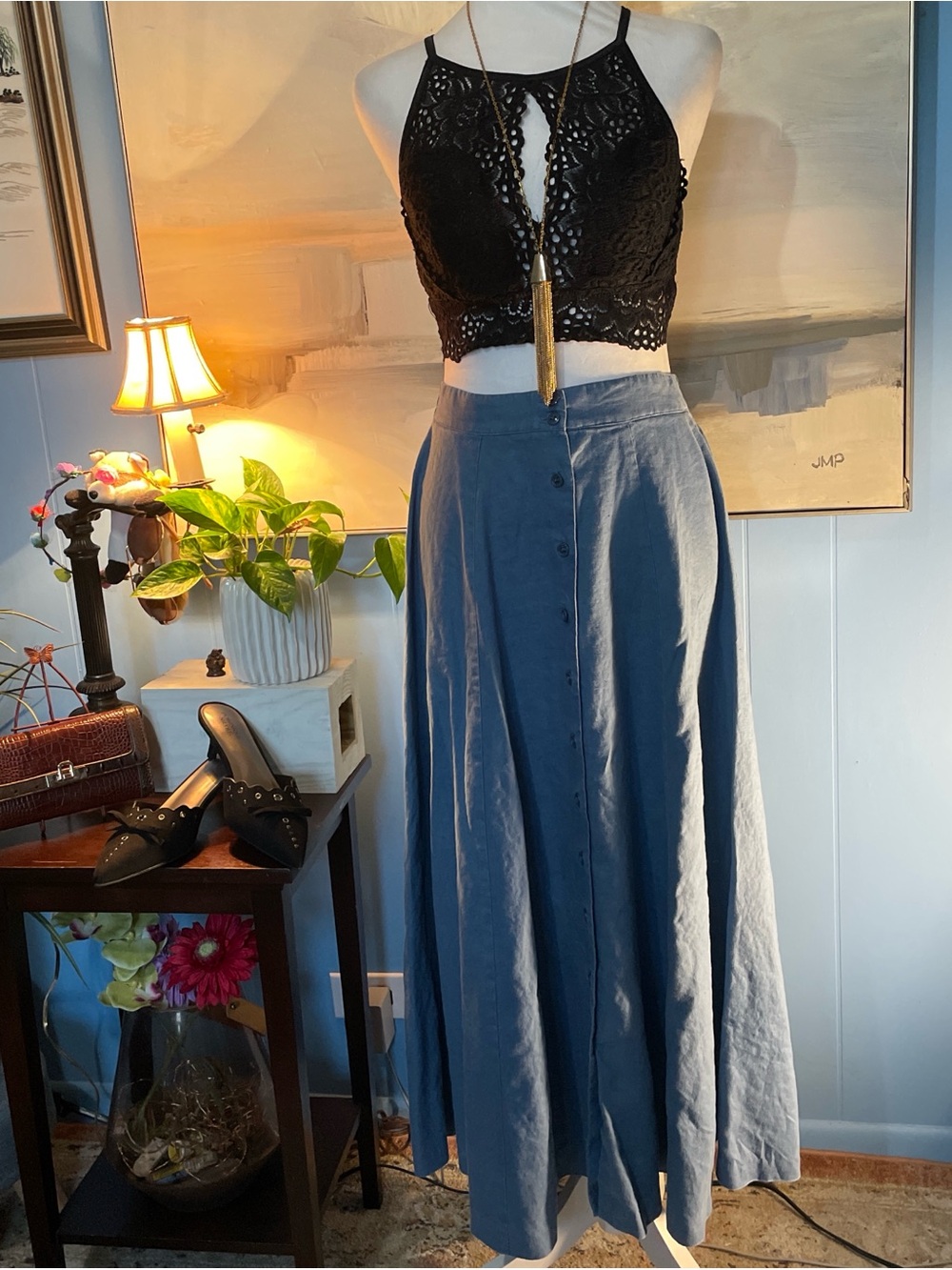 Elliott Lauren Black Crochet Halter Maxi Skirt Ensemble with Blue Skirt